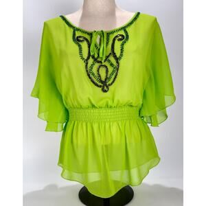 Green Sheer Blouse Chiffon Babydoll Top Coquette MED Y2K Boho Fairy Gypsy Chic